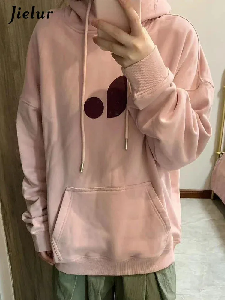 Metaversmall Pink Casual Hooded Drawstring Simple Women Hoodies Basic Chicly Printing Loose Fashion Pocket Pure Color Female Hoodies
