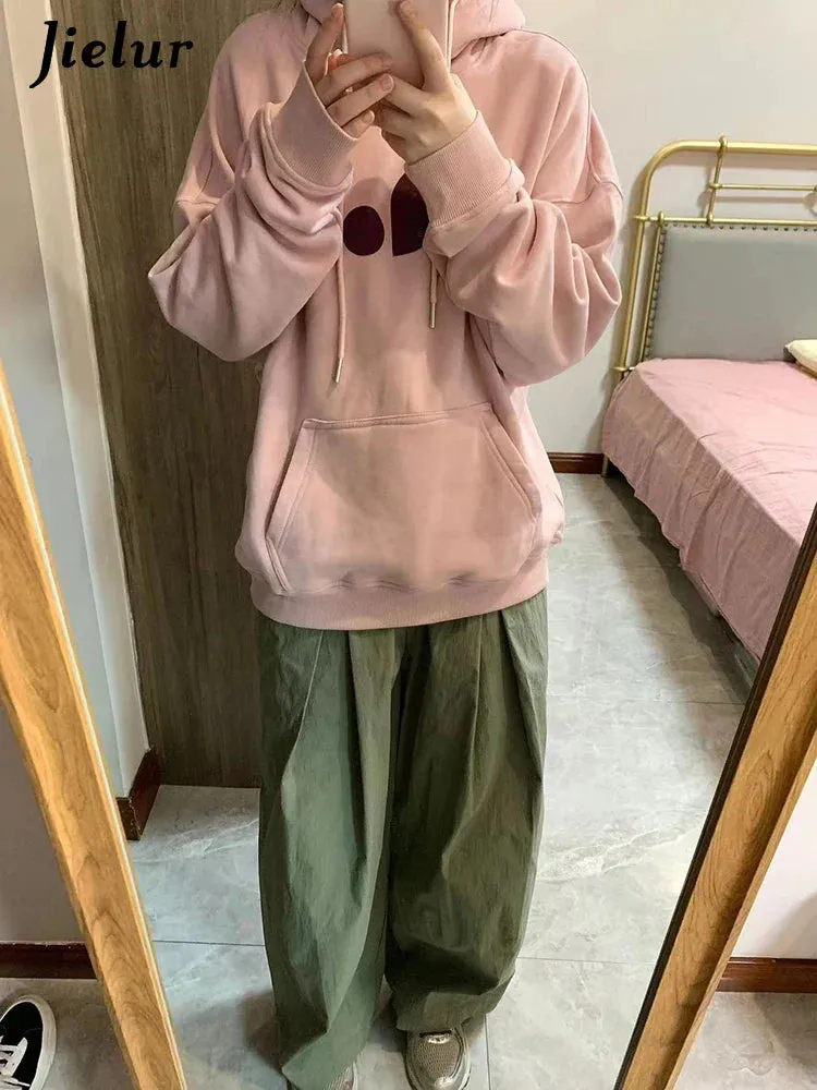 Metaversmall Pink Casual Hooded Drawstring Simple Women Hoodies Basic Chicly Printing Loose Fashion Pocket Pure Color Female Hoodies