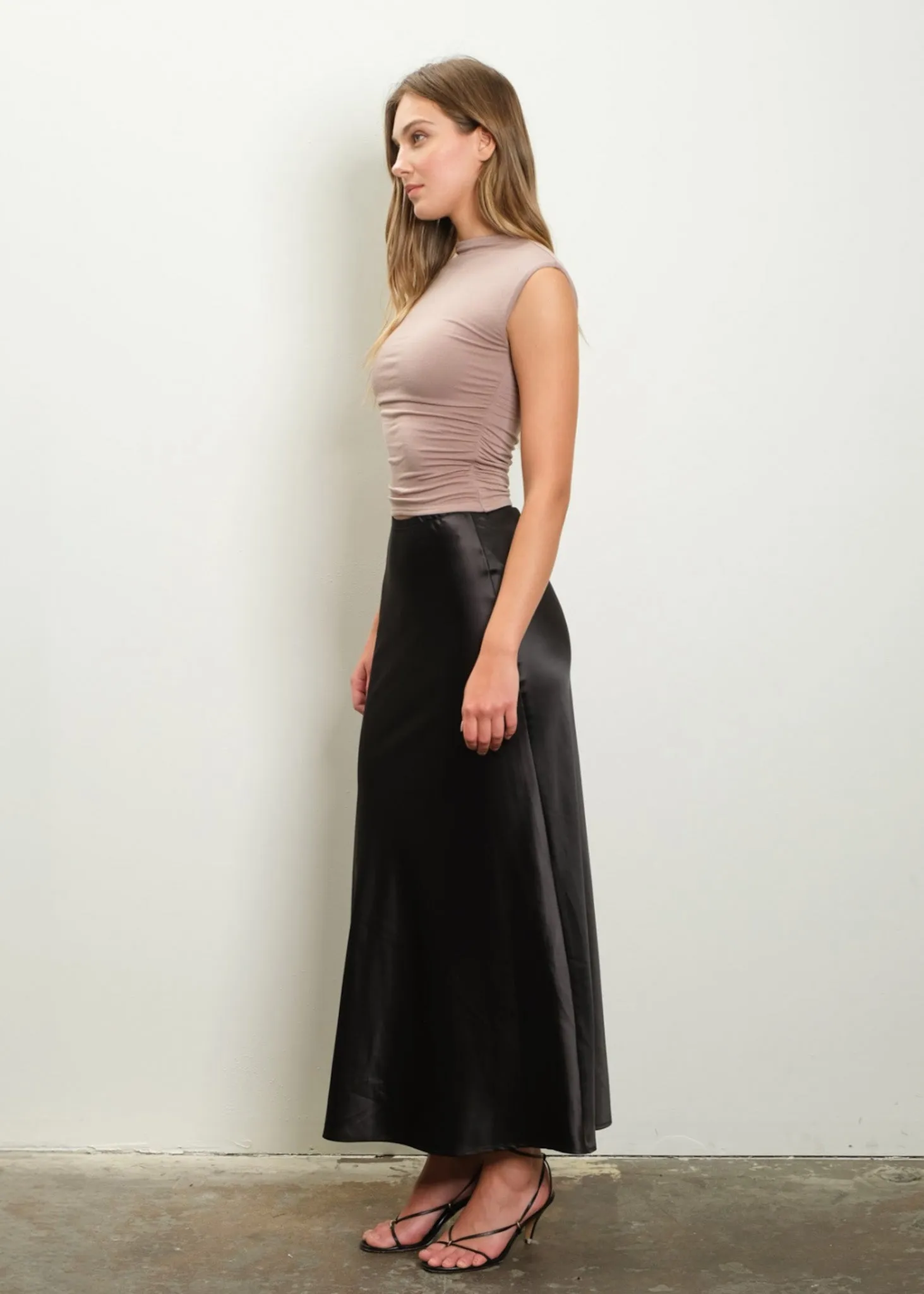 Midnight Charmeuse Basic Satin, Maxi Slip Skirt, Black