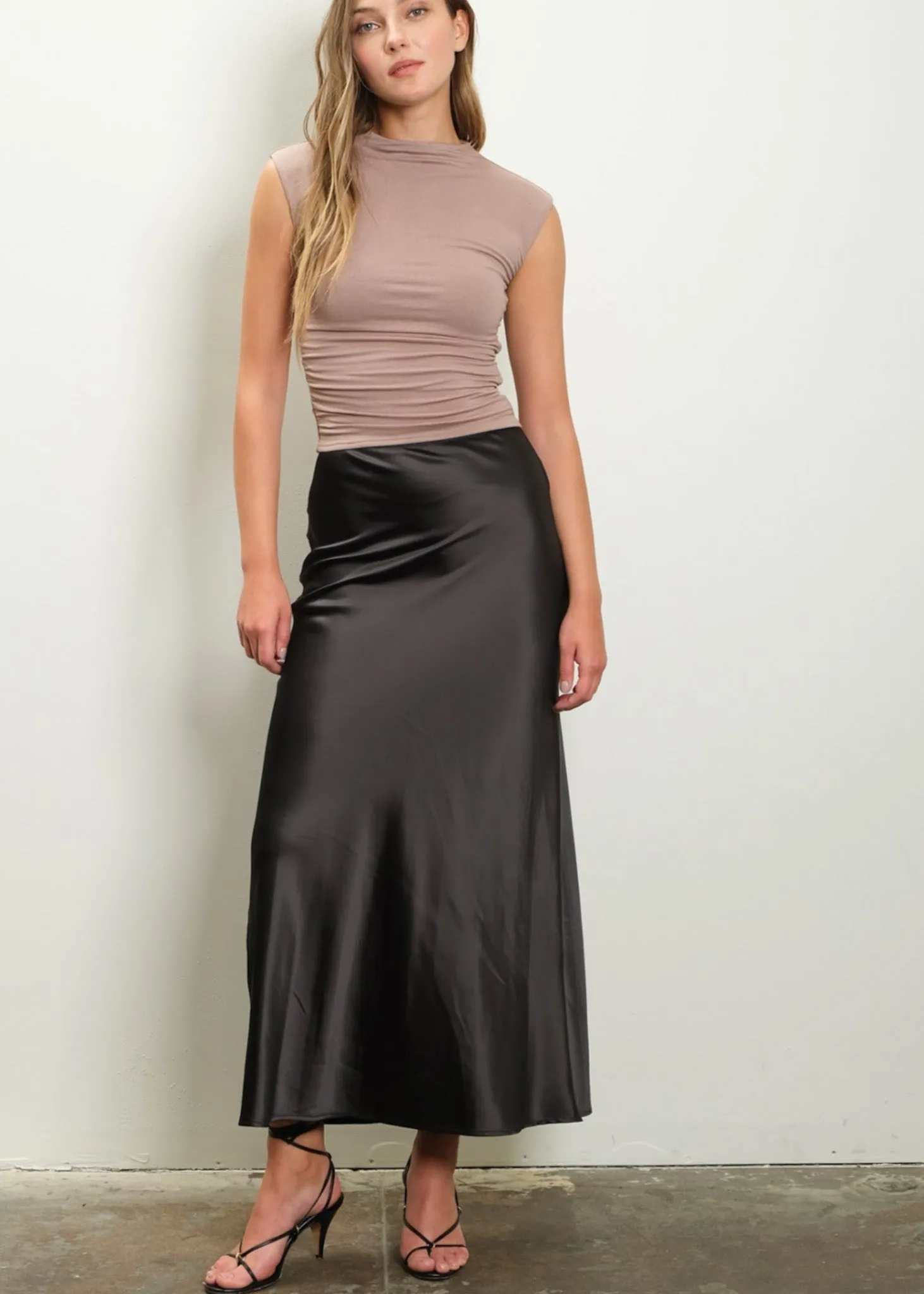 Midnight Charmeuse Basic Satin, Maxi Slip Skirt, Black