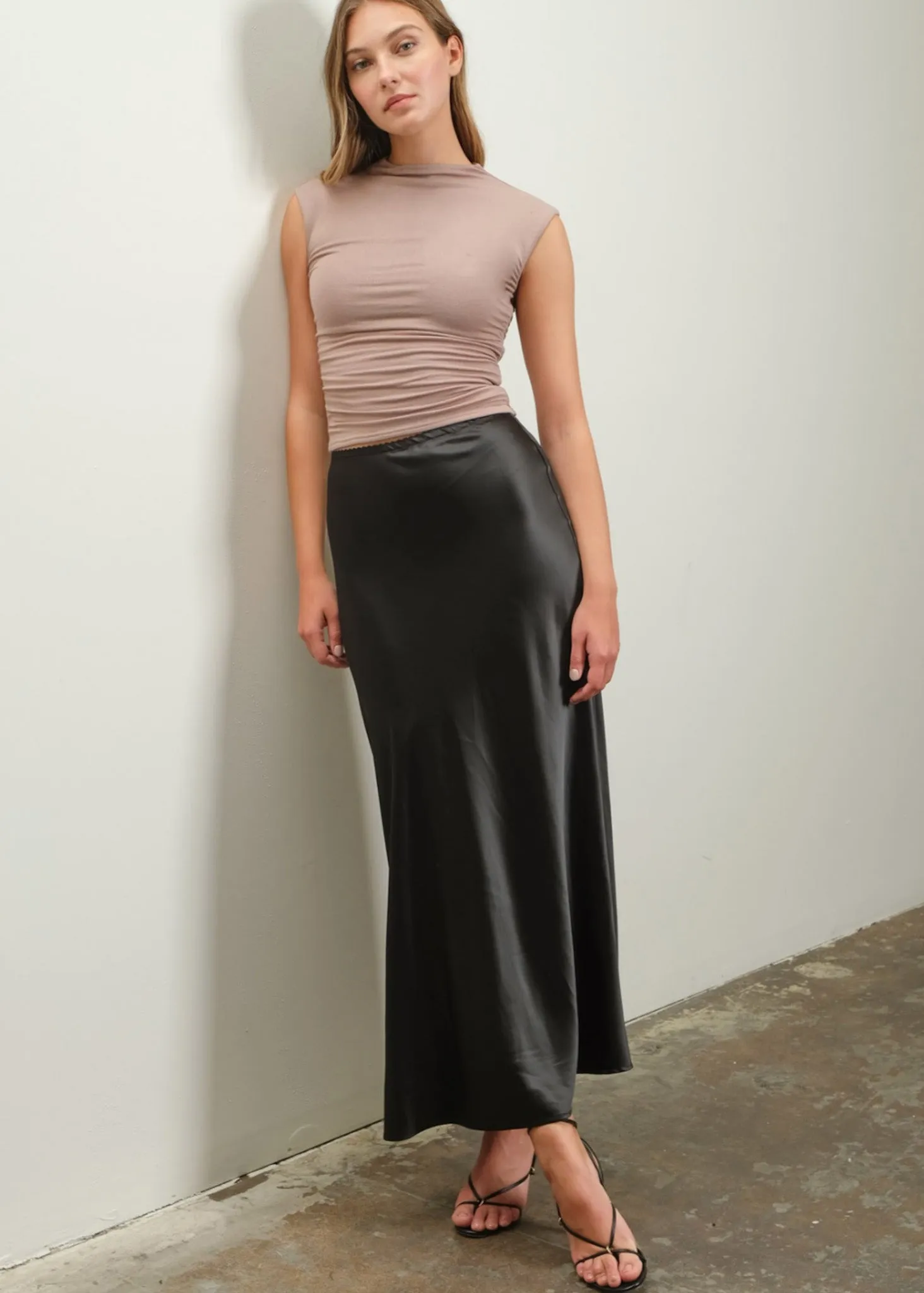 Midnight Charmeuse Basic Satin, Maxi Slip Skirt, Black