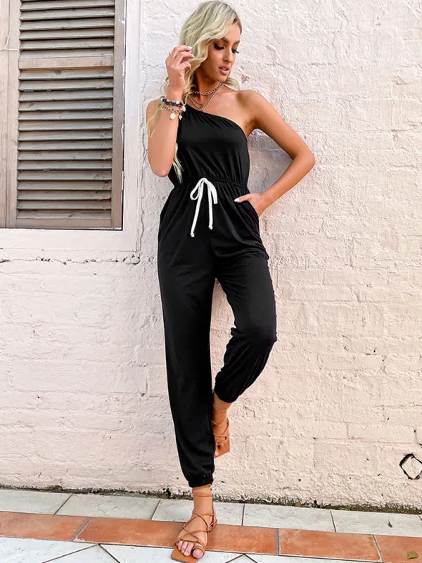 One Shoulder Jumpsuit with Gathered Waist & Pockets - Full-Length Playsuit