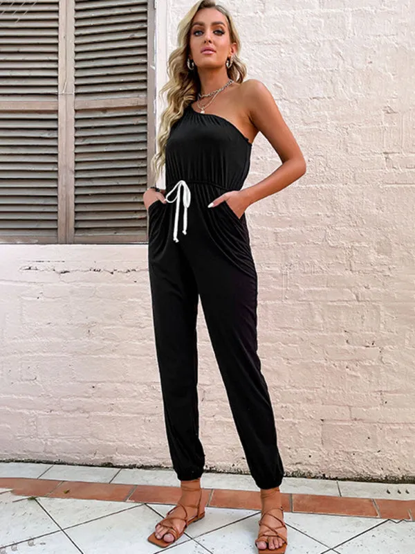 One Shoulder Jumpsuit with Gathered Waist & Pockets - Full-Length Playsuit
