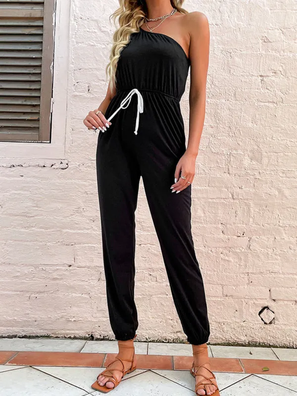 One Shoulder Jumpsuit with Gathered Waist & Pockets - Full-Length Playsuit