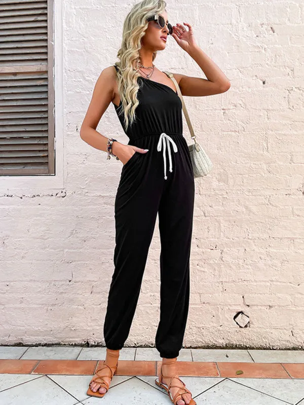 One Shoulder Jumpsuit with Gathered Waist & Pockets - Full-Length Playsuit