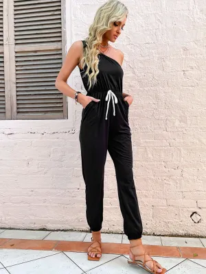 One Shoulder Jumpsuit with Gathered Waist & Pockets - Full-Length Playsuit
