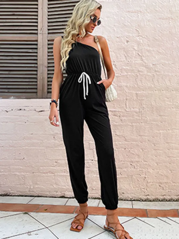 One Shoulder Jumpsuit with Gathered Waist & Pockets - Full-Length Playsuit