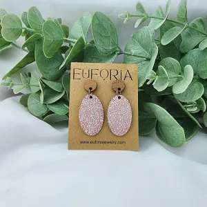 Oval Leather Earrings - Tiny Holographic Dots Over Pink