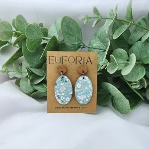 Oval Leather Earrings - White Floral Over Seafoam