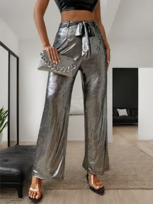 Partywear Sparkle Belted Pants for Women's Metallic Look