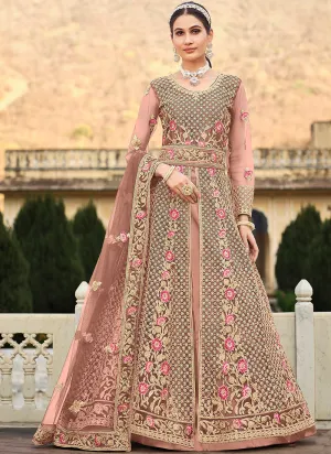 Peach Multi Embroidery Slit Style Anarkali Lehenga