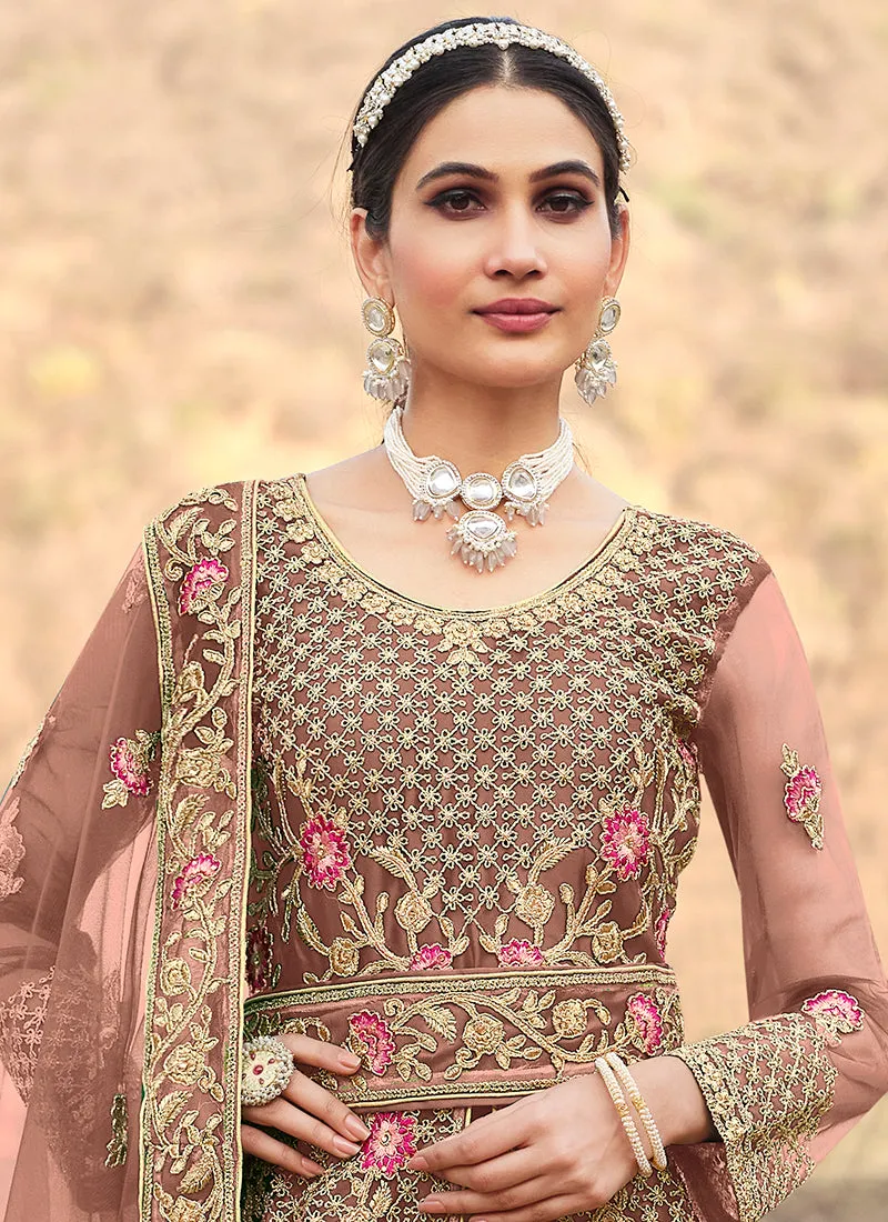 Peach Multi Embroidery Slit Style Anarkali Lehenga
