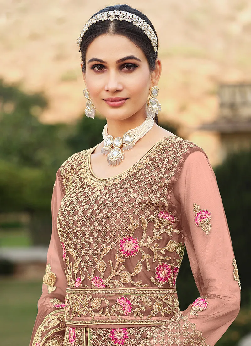 Peach Multi Embroidery Slit Style Anarkali Lehenga