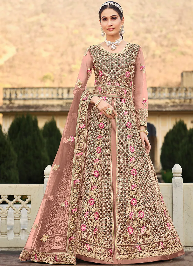 Peach Multi Embroidery Slit Style Anarkali Lehenga