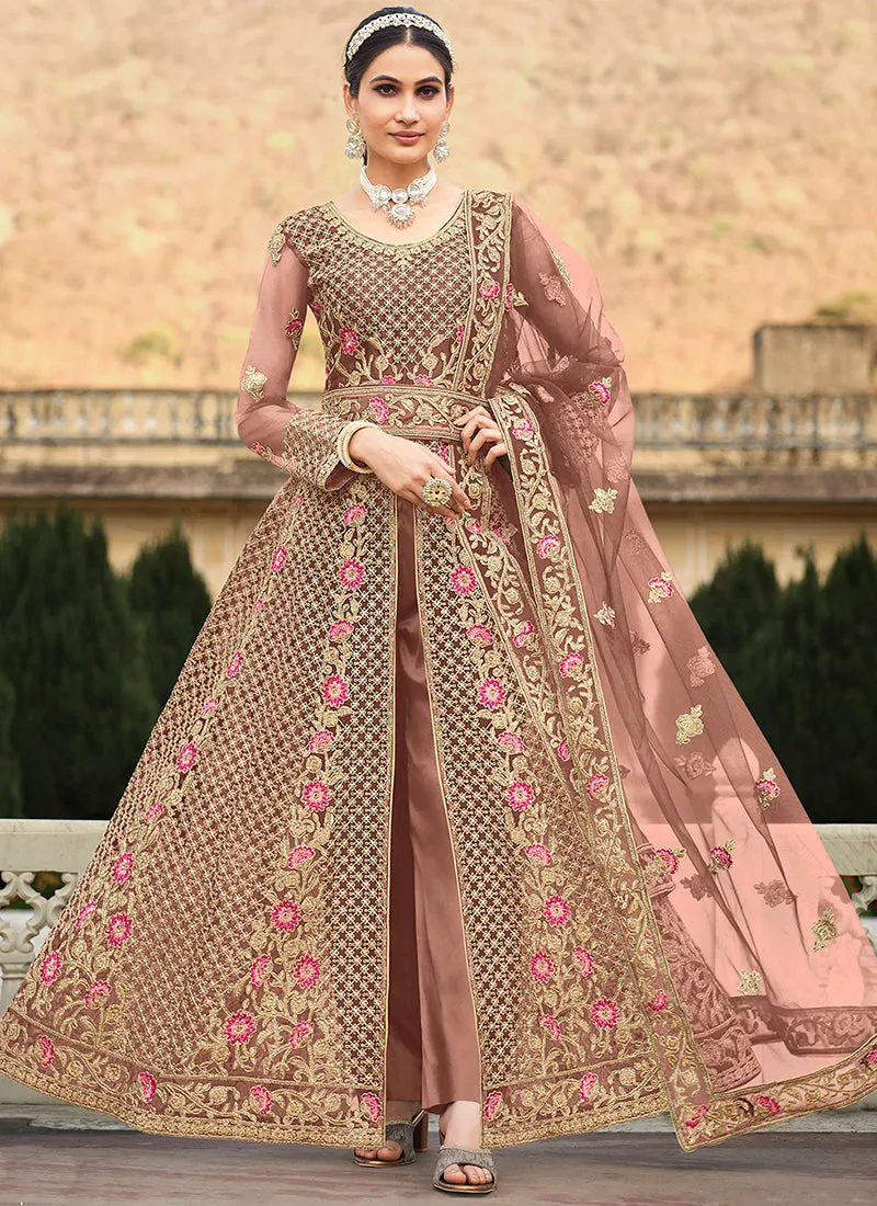Peach Multi Embroidery Slit Style Anarkali Lehenga