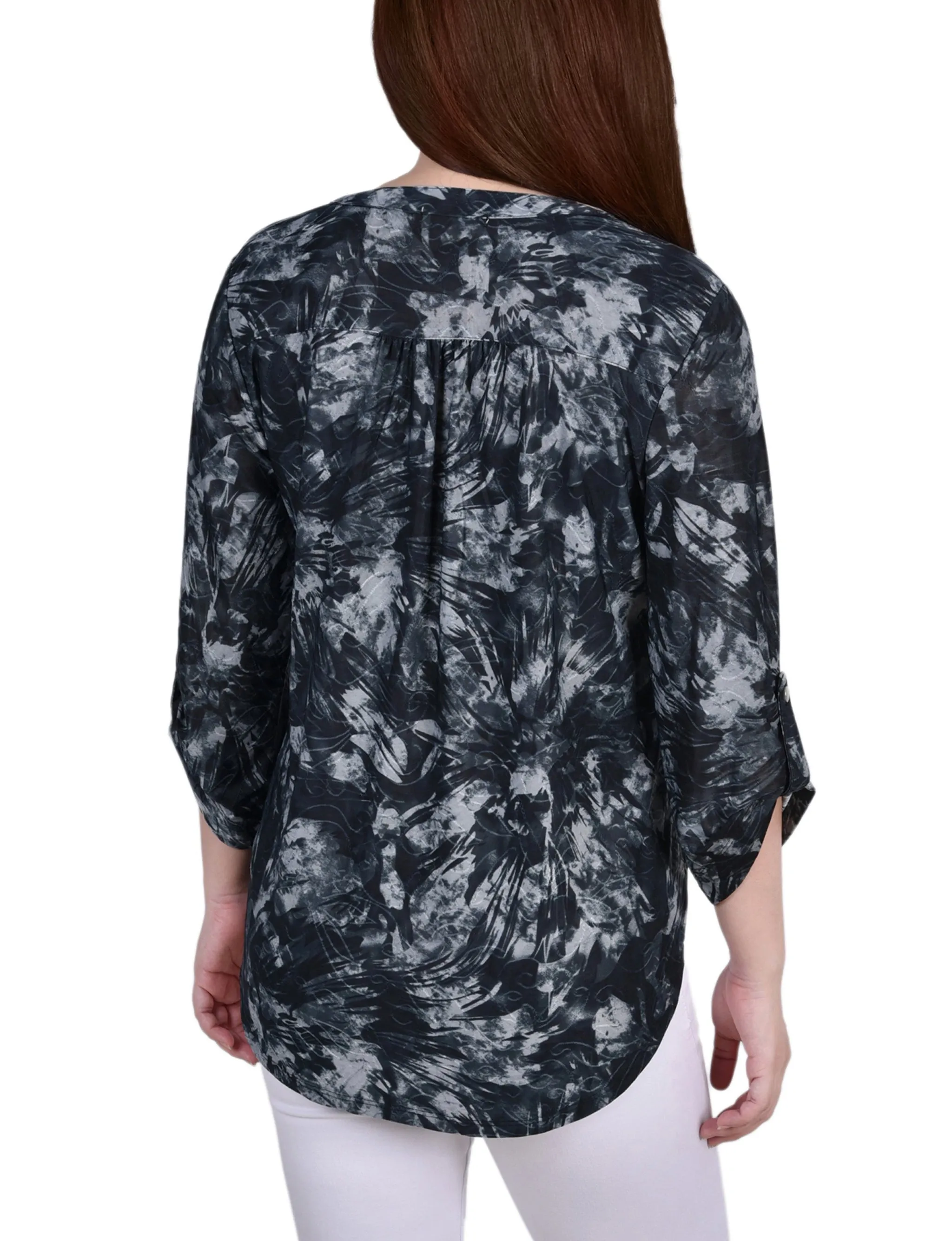 Petite 3/4 Sleeve Roll Tab Y Neck Pullover Top