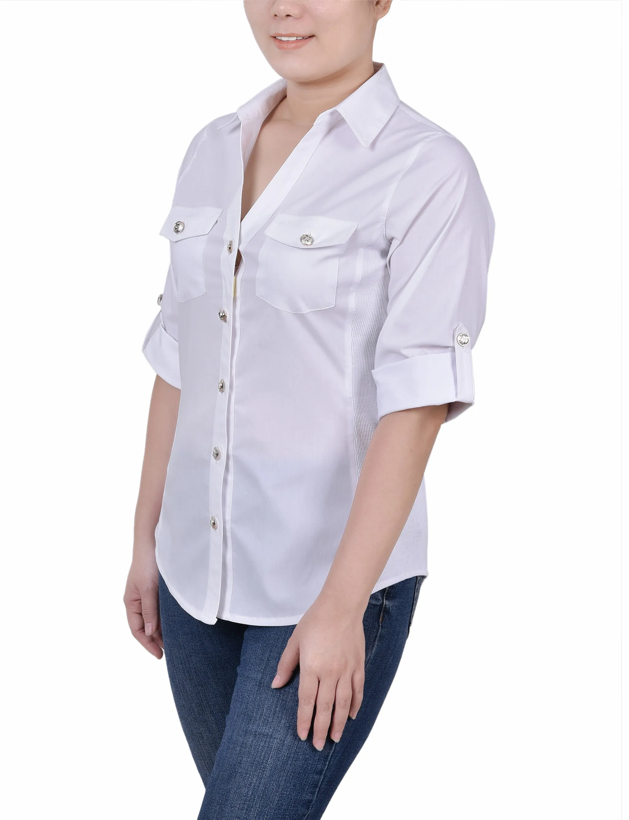 Petite Roll Tab Blouse With Rib Insets