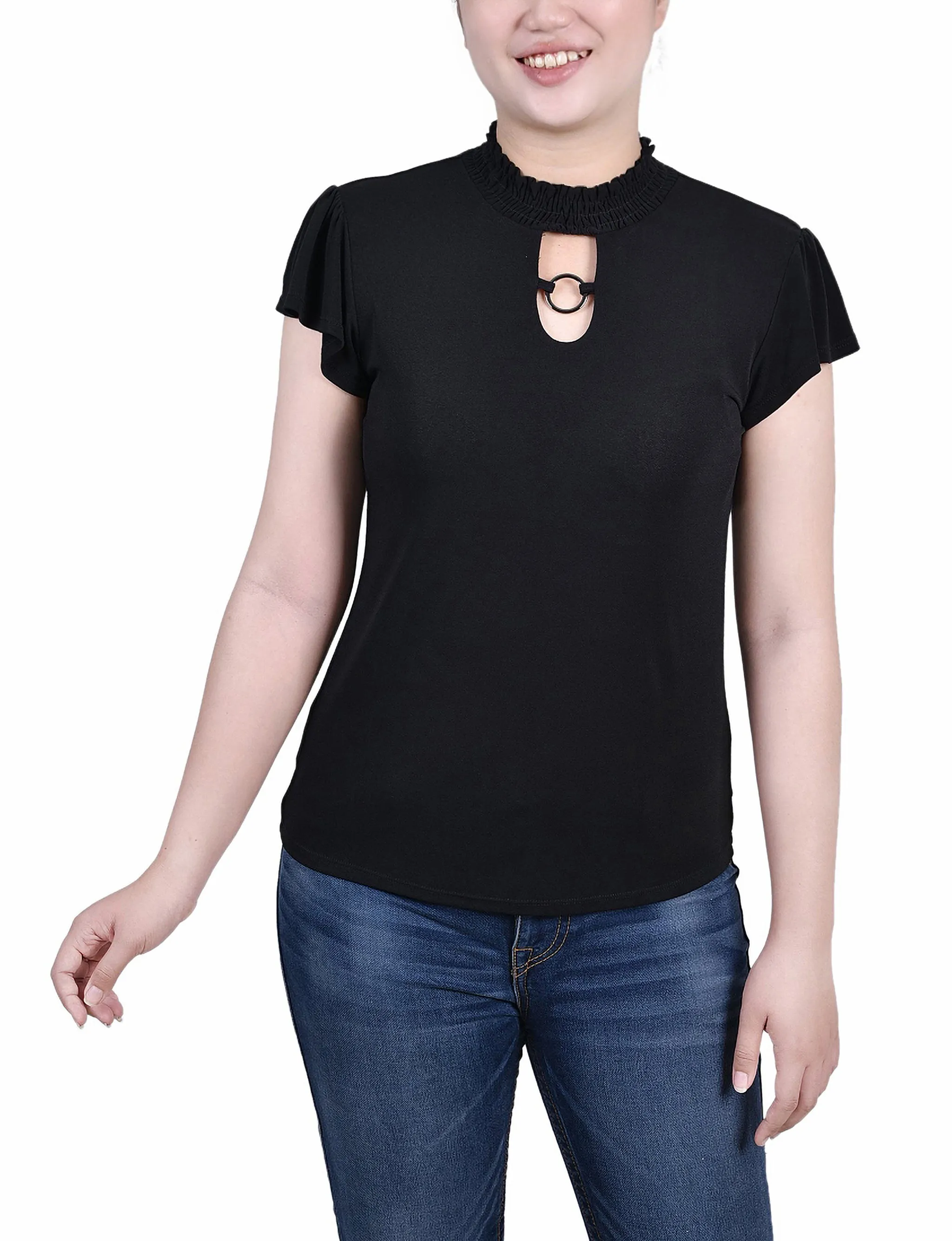 Petite Short Flutter Sleeve Mock Neck Top