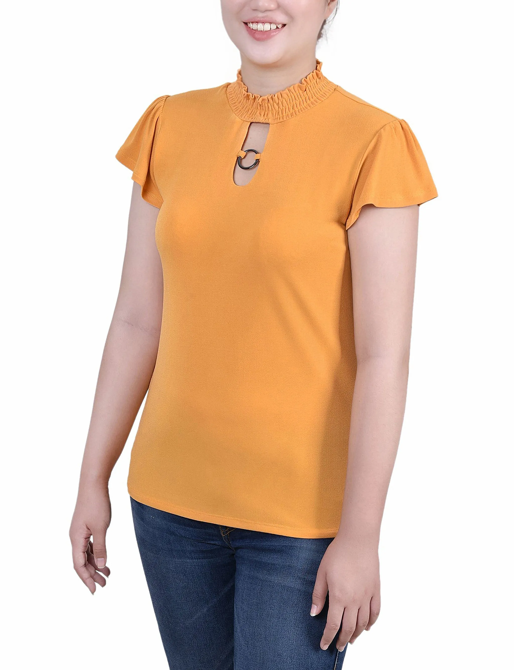 Petite Short Flutter Sleeve Mock Neck Top