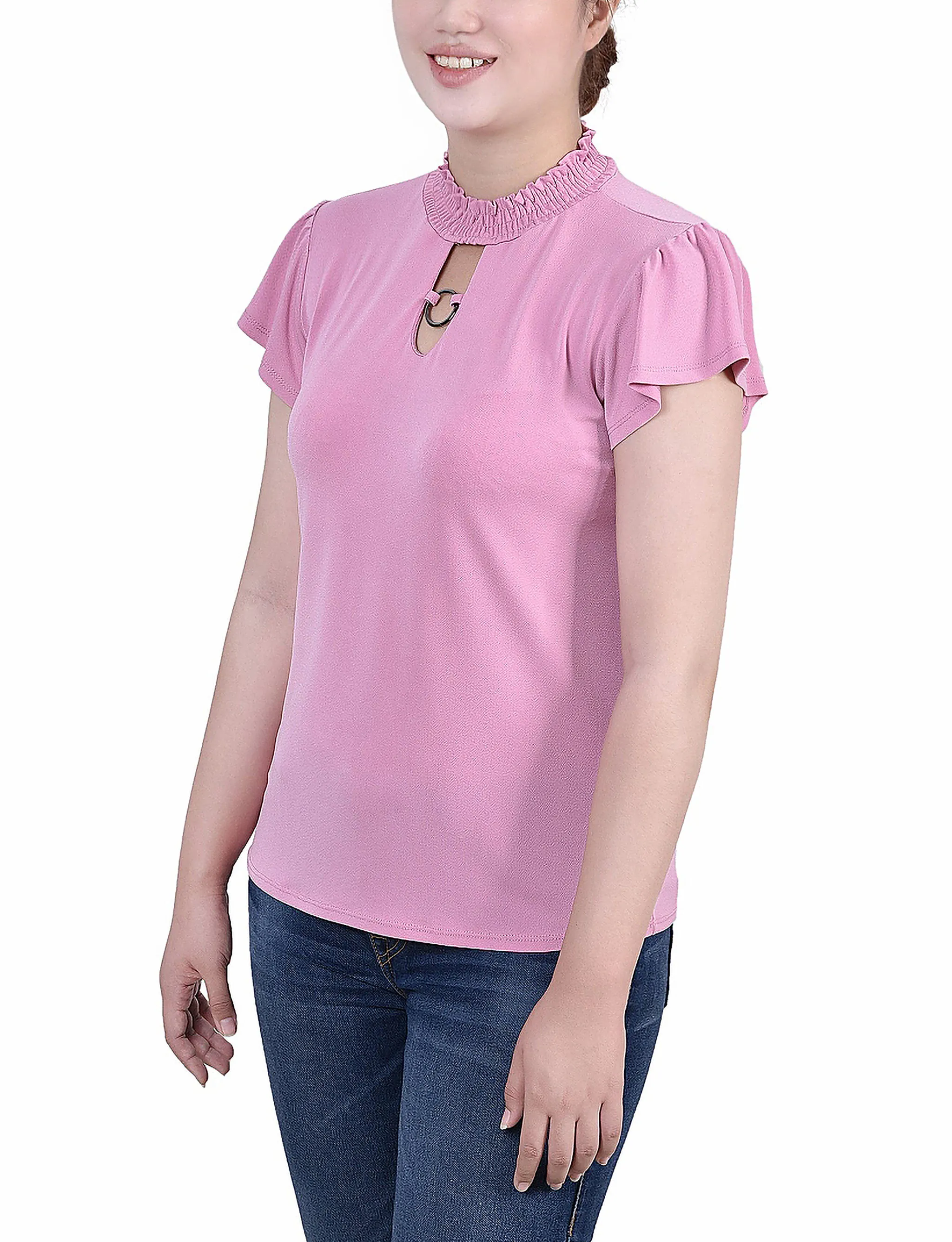 Petite Short Flutter Sleeve Mock Neck Top