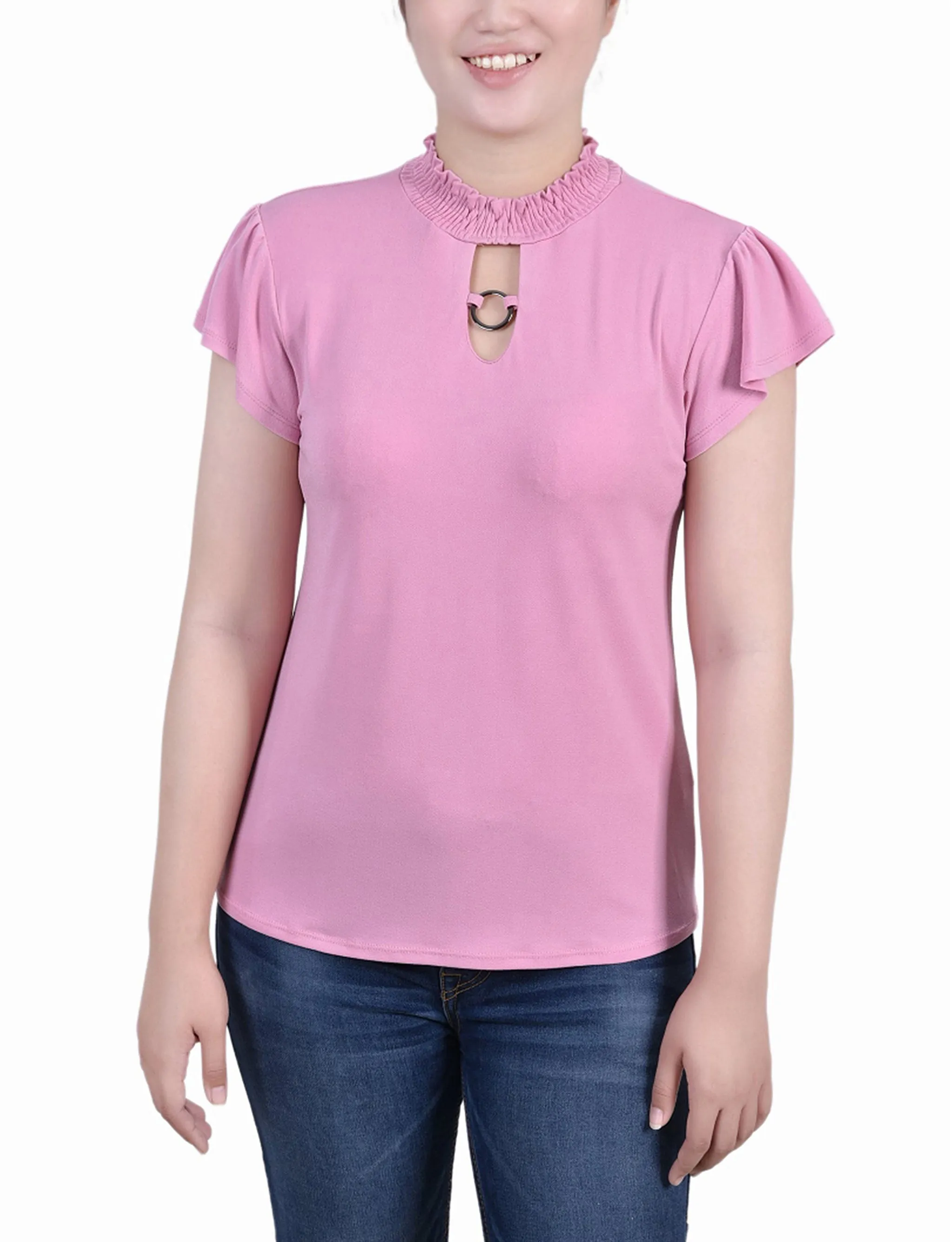 Petite Short Flutter Sleeve Mock Neck Top