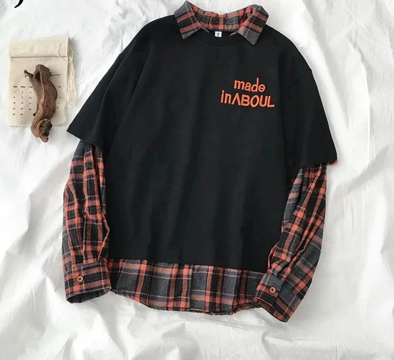 Plaid Patchwork Sweatshirt Women Fake Two Pieces Gray Black White Hoodies Street Fashion Loose Polo Female Sweatshirts