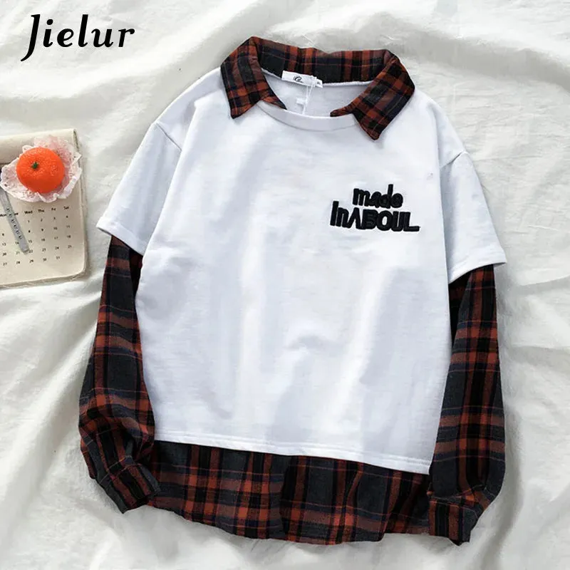 Plaid Patchwork Sweatshirt Women Fake Two Pieces Gray Black White Hoodies Street Fashion Loose Polo Female Sweatshirts