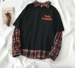 Plaid Patchwork Sweatshirt Women Fake Two Pieces Gray Black White Hoodies Street Fashion Loose Polo Female Sweatshirts