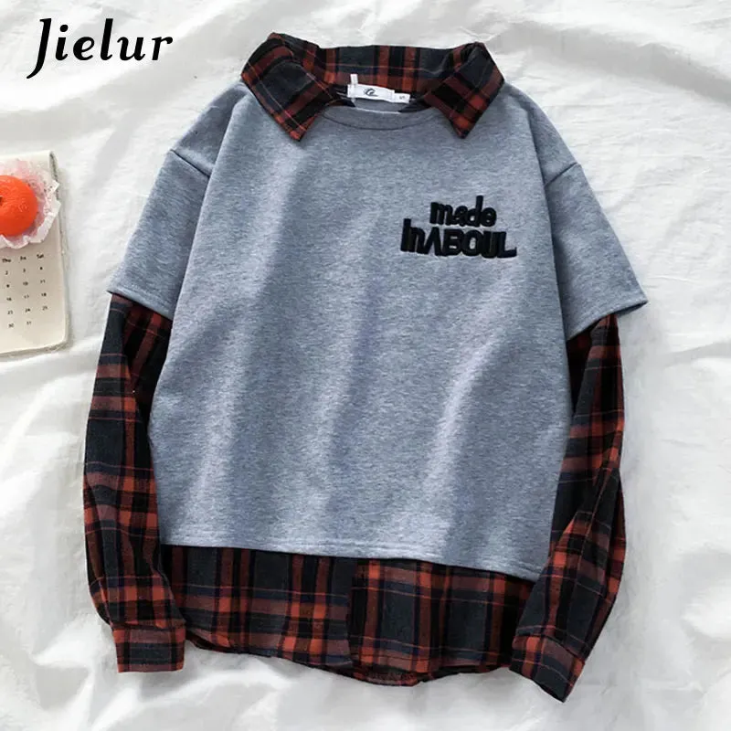 Plaid Patchwork Sweatshirt Women Fake Two Pieces Gray Black White Hoodies Street Fashion Loose Polo Female Sweatshirts