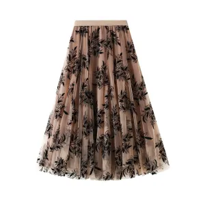 Printed Mesh Women's Mid-length A-line Floral Skirt 771