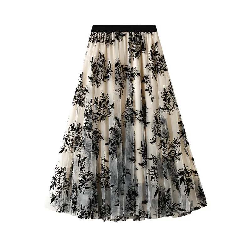 Printed Mesh Women's Mid-length A-line Floral Skirt 771