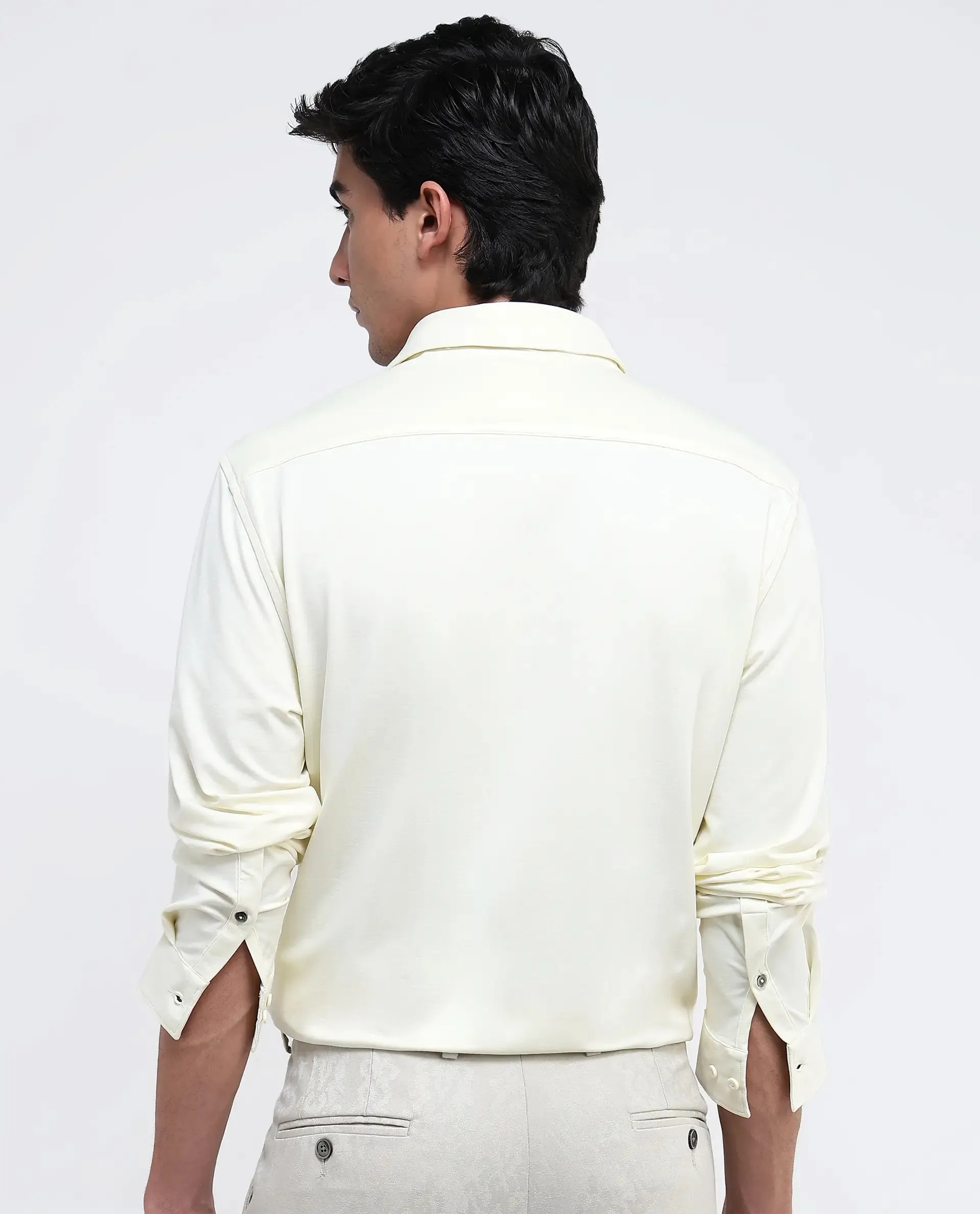 Rare Rabbit Men Tour Pastel Yellow Cotton Polyester Elastane Fabric Full Sleeve Collared Collar Button Closure Plain Knitted Formal Shirt