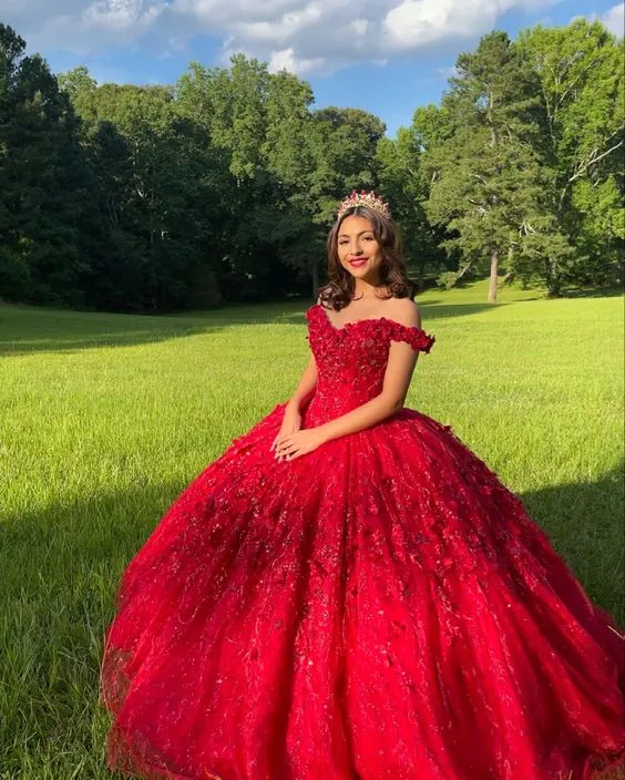 Red Prom Dress Ball Gown Quinceanera Dresses 3D Flowers Princess Corset Back Princess Prom Sweet 16 dress     fg1214