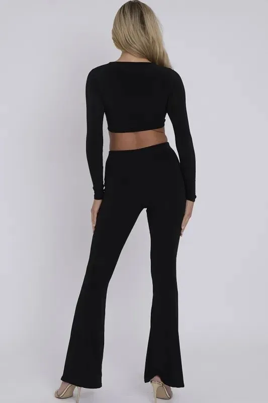 RIYA Cut Out Twist Front Crop Top & Flared Trouser Co-ord Black