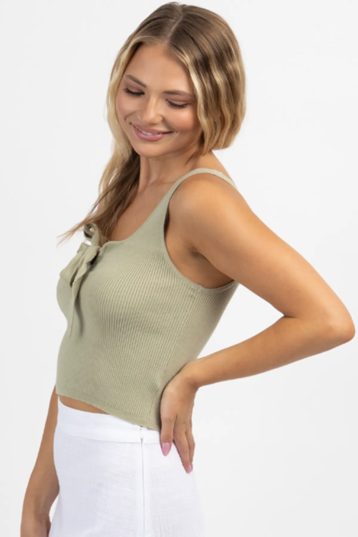 SAGE BOW BLISS KNIT RIBBED TANK