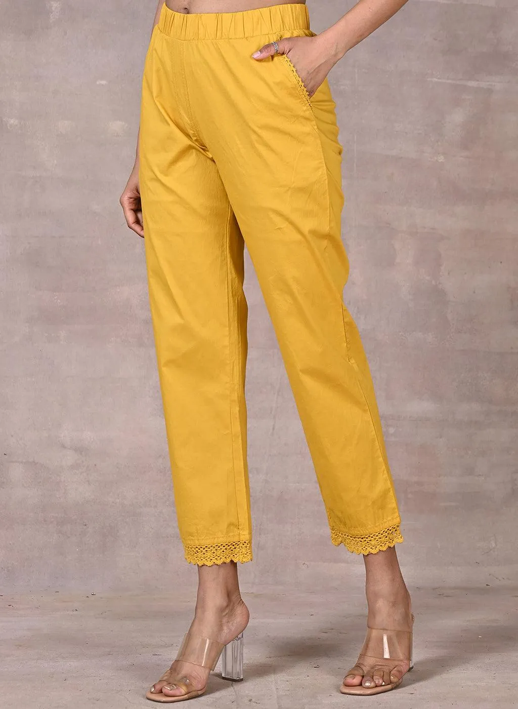 Shazia Mustard Cotton Relaxed Fit Pants for Women