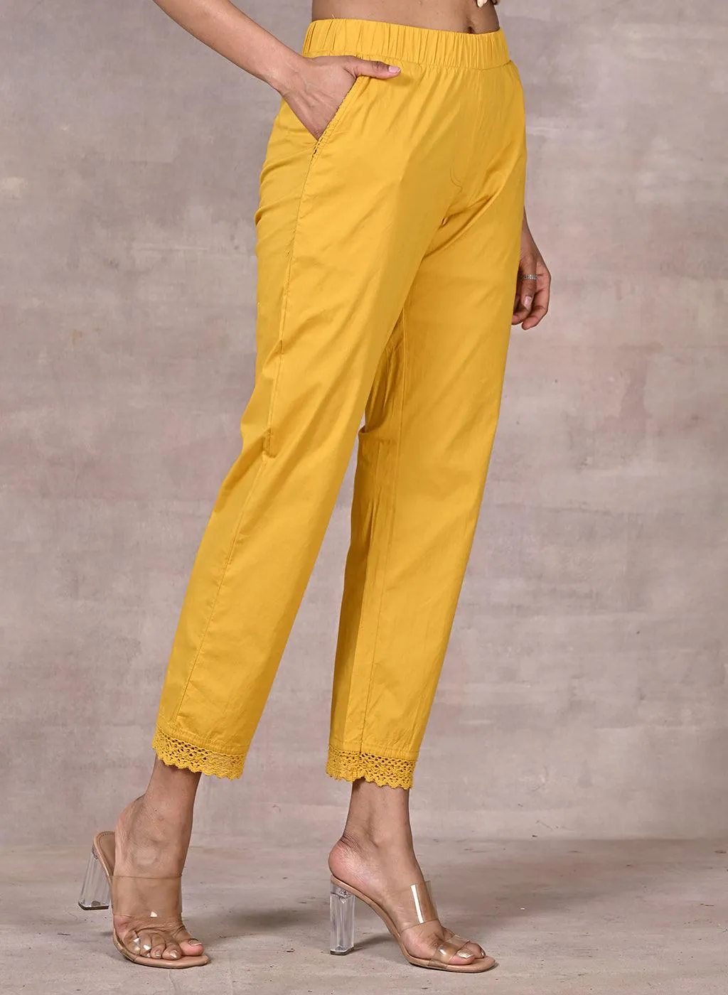 Shazia Mustard Cotton Relaxed Fit Pants for Women