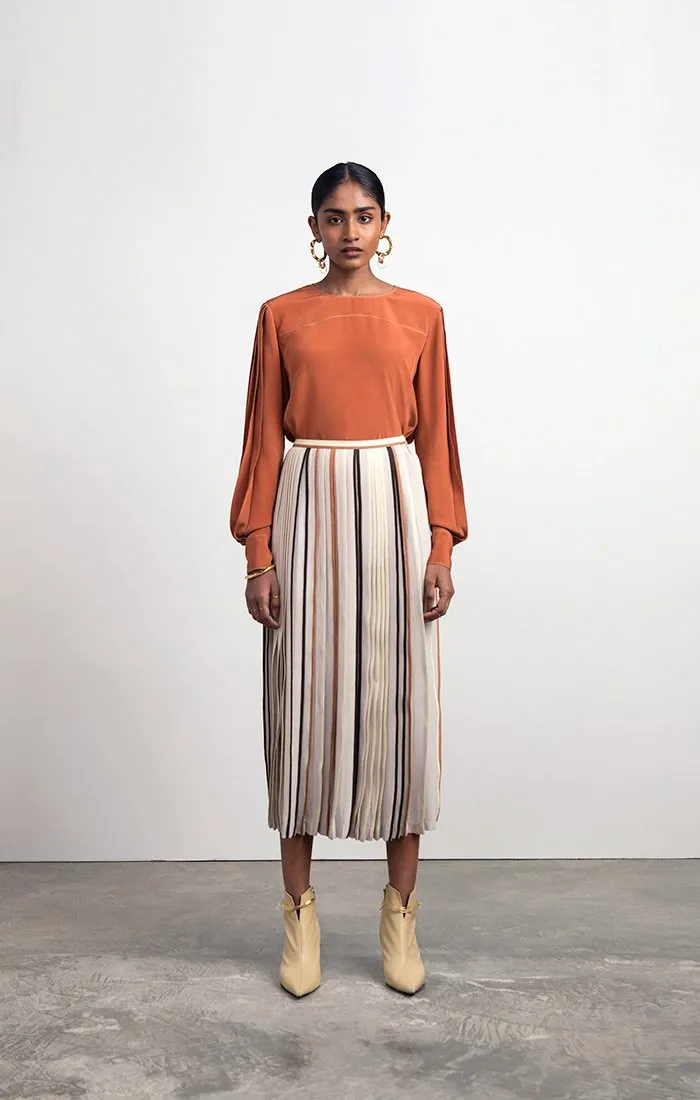 Silk Blouse with Top-stitched Pleated Sleeves