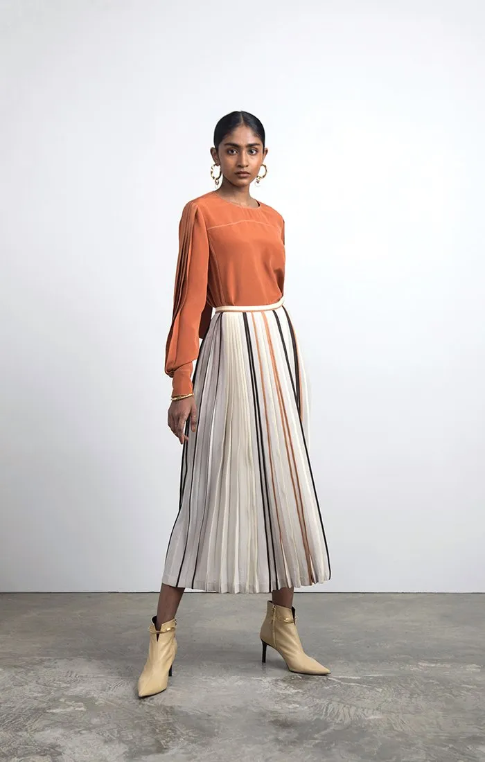 Silk Blouse with Top-stitched Pleated Sleeves