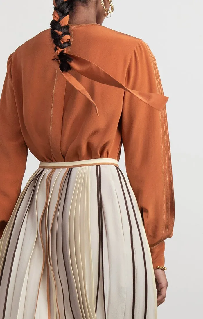 Silk Blouse with Top-stitched Pleated Sleeves
