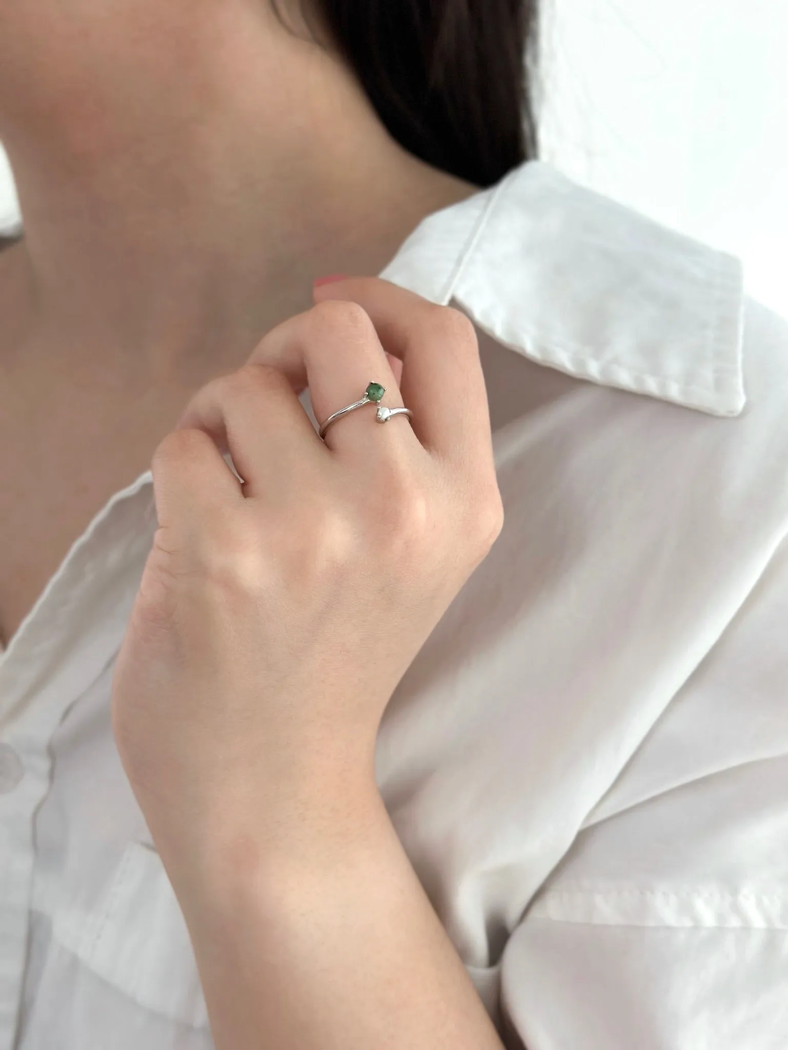 Silver Jade and Pearl Ring - Lune