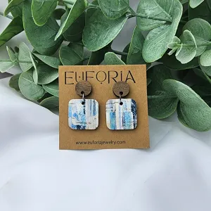 Small Square Cork Over Leather Earrings - Blue Rustic