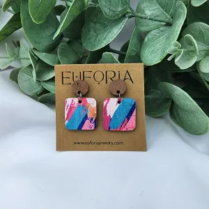 Small Square Cork Over Leather Earrings - Bright, Bold Brushstrokes