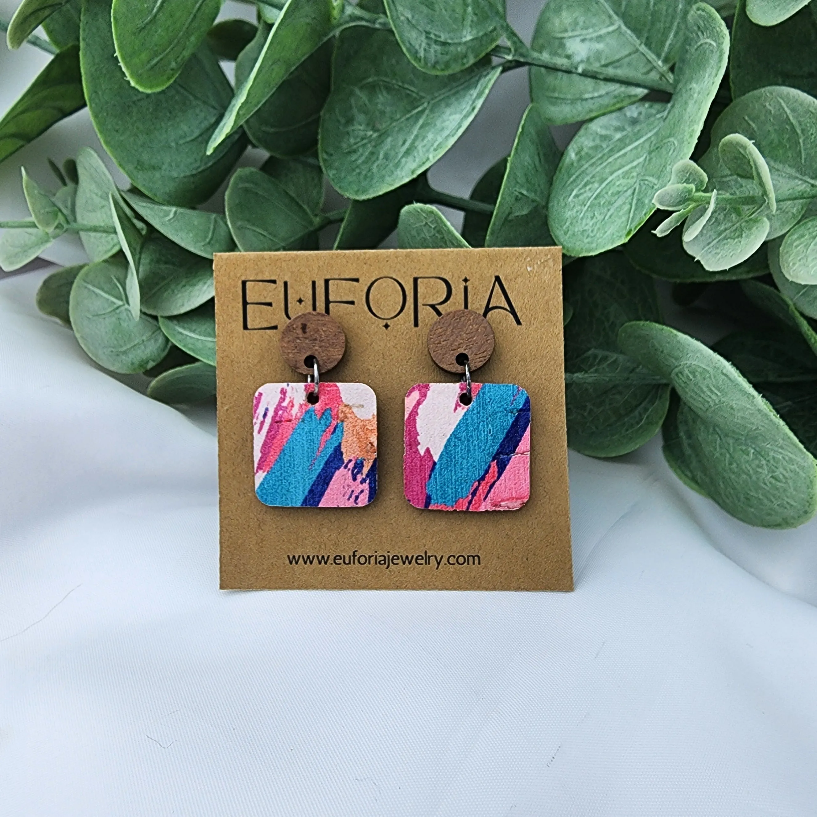 Small Square Cork Over Leather Earrings - Bright, Bold Brushstrokes