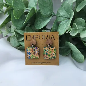 Small Square Cork Over Leather Earrings - Multi Color Dots on Natural Cork