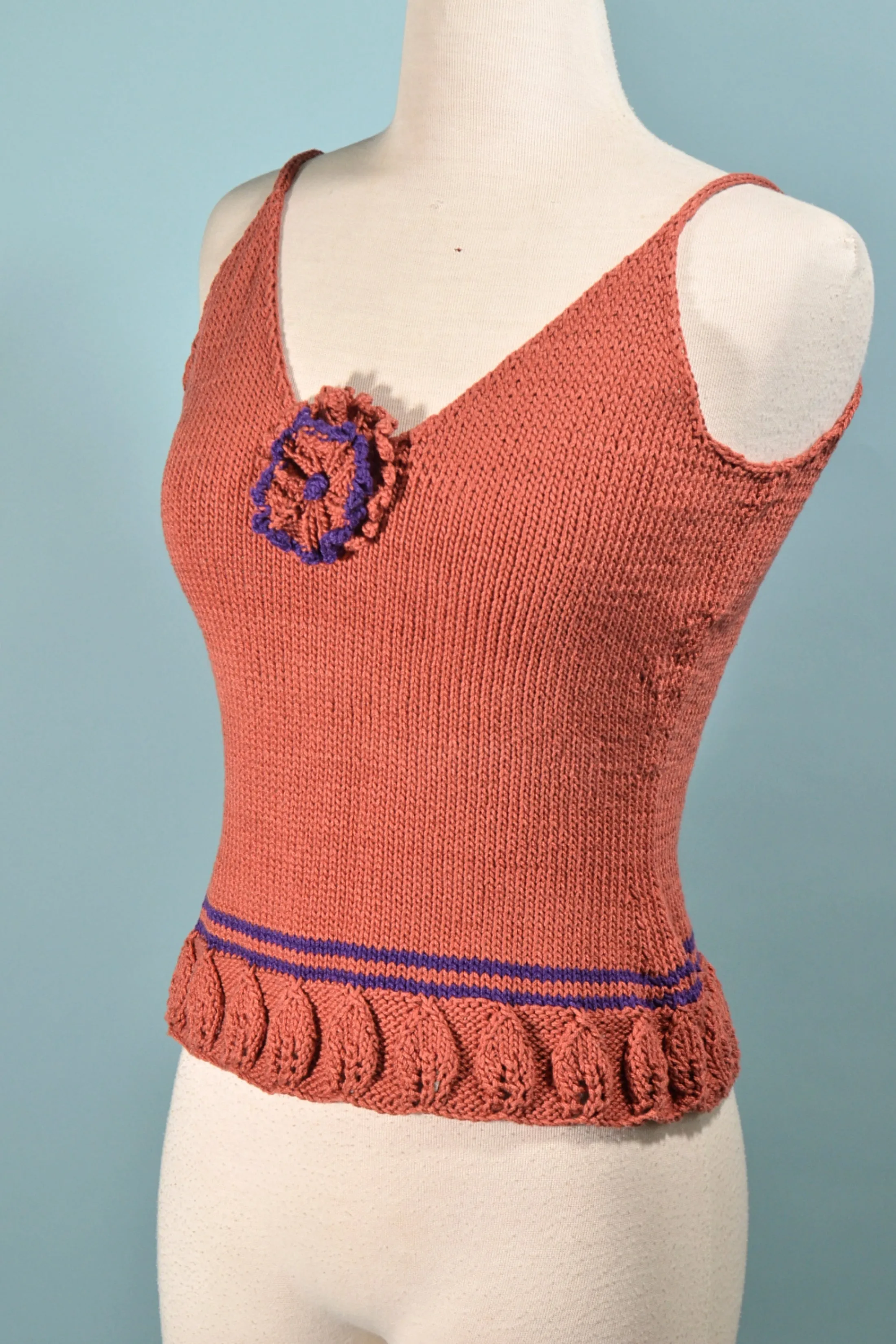 SOLD Vintage Knit Top with Flower Detail, Hand Knit Top S