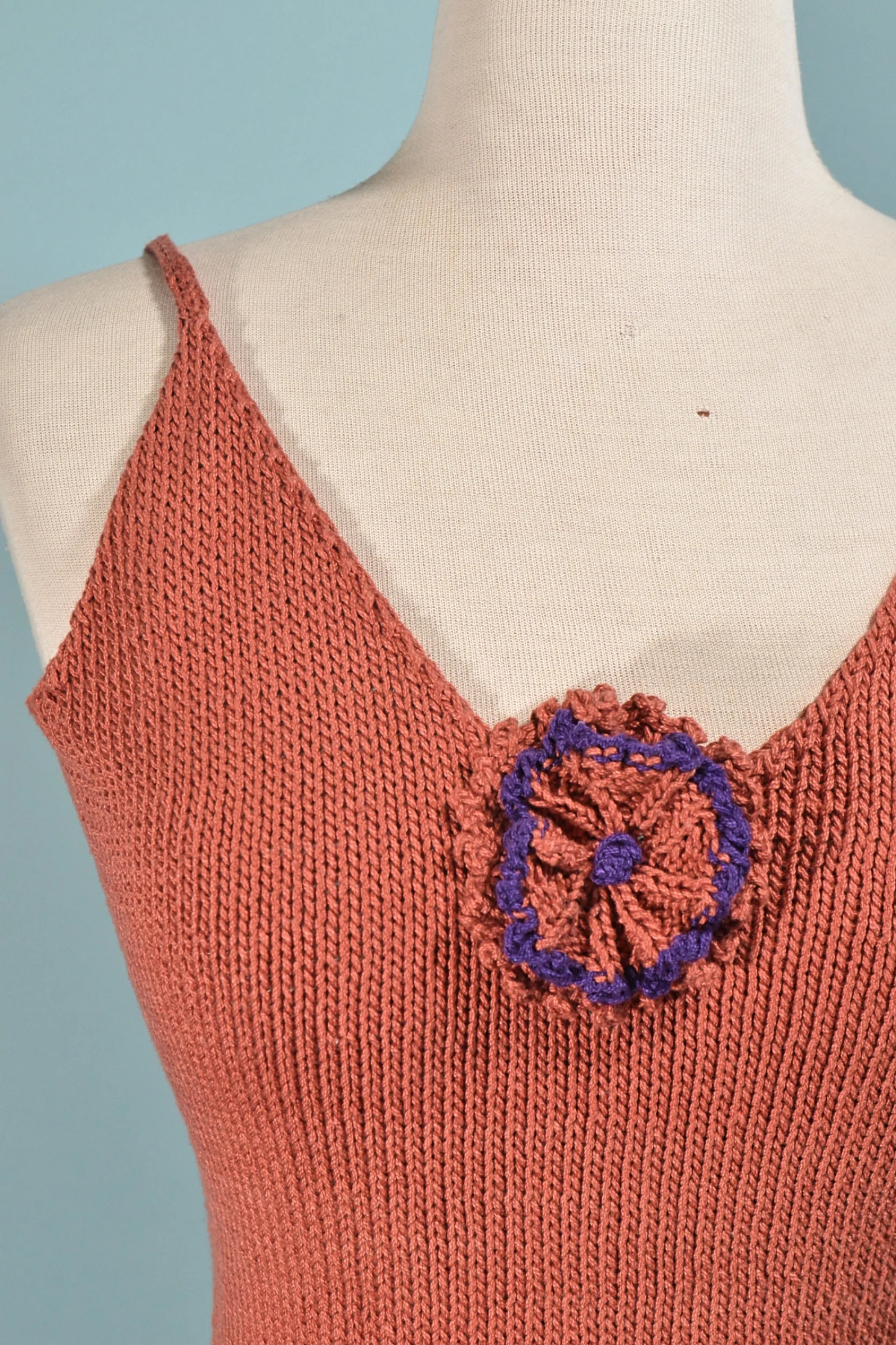 SOLD Vintage Knit Top with Flower Detail, Hand Knit Top S