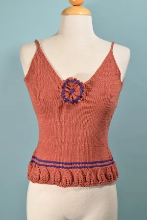 SOLD Vintage Knit Top with Flower Detail, Hand Knit Top S