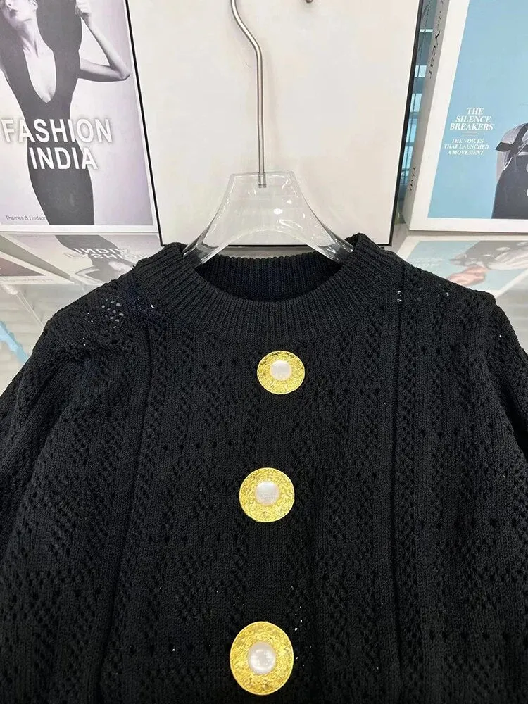 Solid Loose Knitting Sweaters For Women Round Neck Long Sleeves Patchwork Button Minimalist Pullover Sweater Female