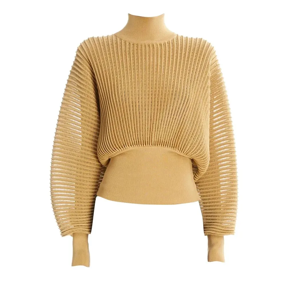 Solid Patchwork Folds Loose Knitting Sweaters For Women Turtleneck Lantern Sleeve Minimalist Sweater Female